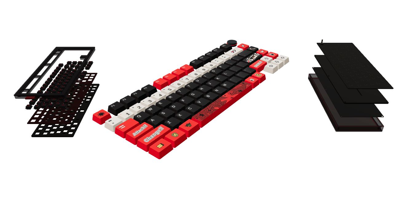 Joker Edition keyboard separated into nine proposed construction layers, preserving its red, black and ivory keycaps